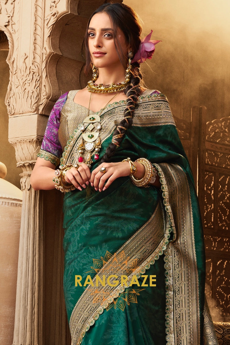Emerald Green Banarasi Silk Saree with Antique Gold Zari Border and Contrasting Designer Blouse