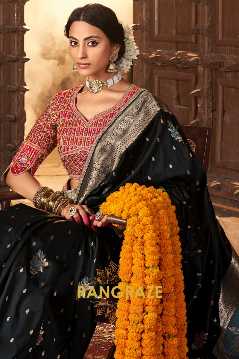 Elegant Black Banarasi Silk Saree with Antique Gold Zari Border and Intricate Designer Blouse