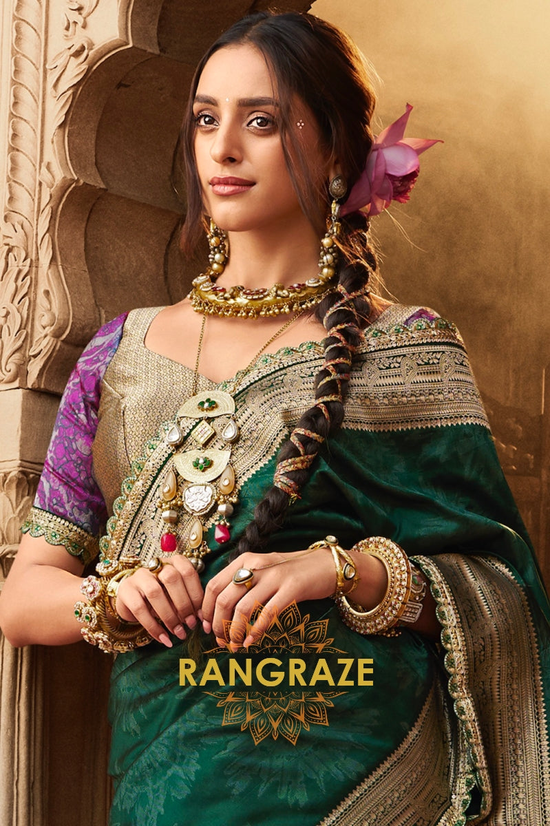 Emerald Green Banarasi Silk Saree with Antique Gold Zari Border and Contrasting Designer Blouse