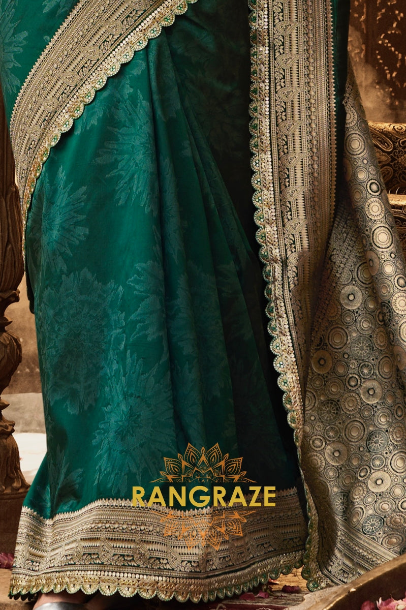 Emerald Green Banarasi Silk Saree with Antique Gold Zari Border and Contrasting Designer Blouse