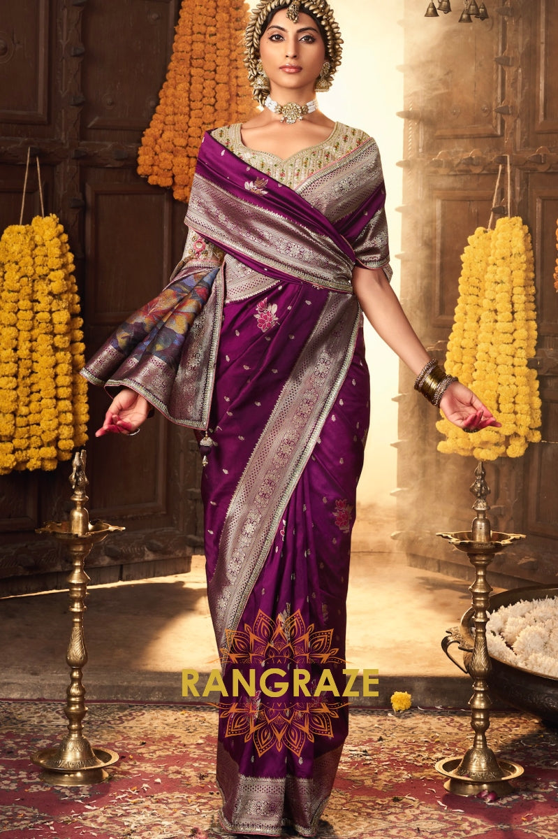 Regal Violet Silk Saree with Intricate Lace Border and Heavy Pallu