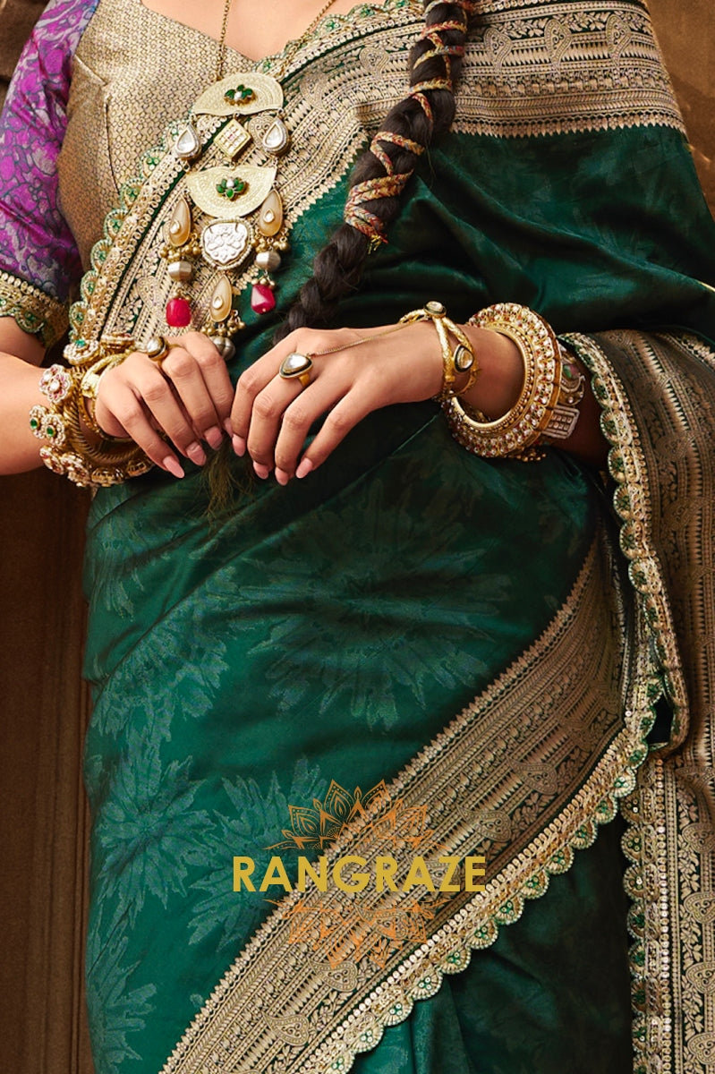 Emerald Green Banarasi Silk Saree with Antique Gold Zari Border and Contrasting Designer Blouse