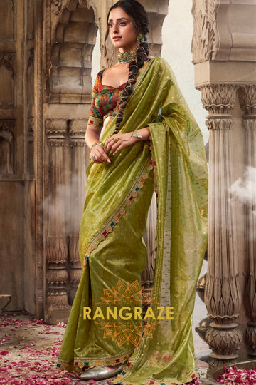 Lime Gold Tissue Saree with Vibrant Floral Blouse