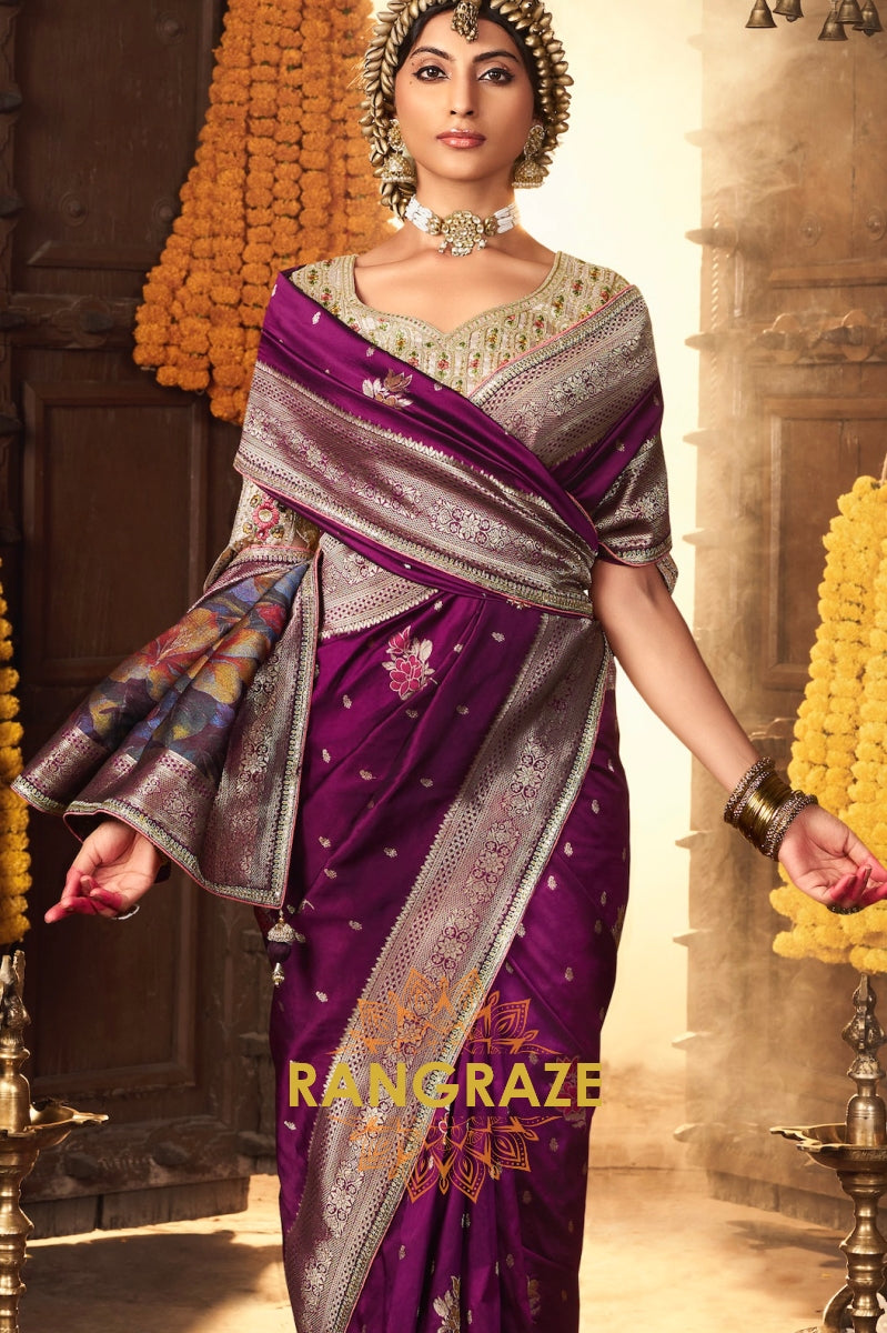 Regal Violet Silk Saree with Intricate Lace Border and Heavy Pallu