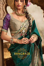 Emerald Green Banarasi Silk Saree with Antique Gold Zari Border and Contrasting Designer Blouse