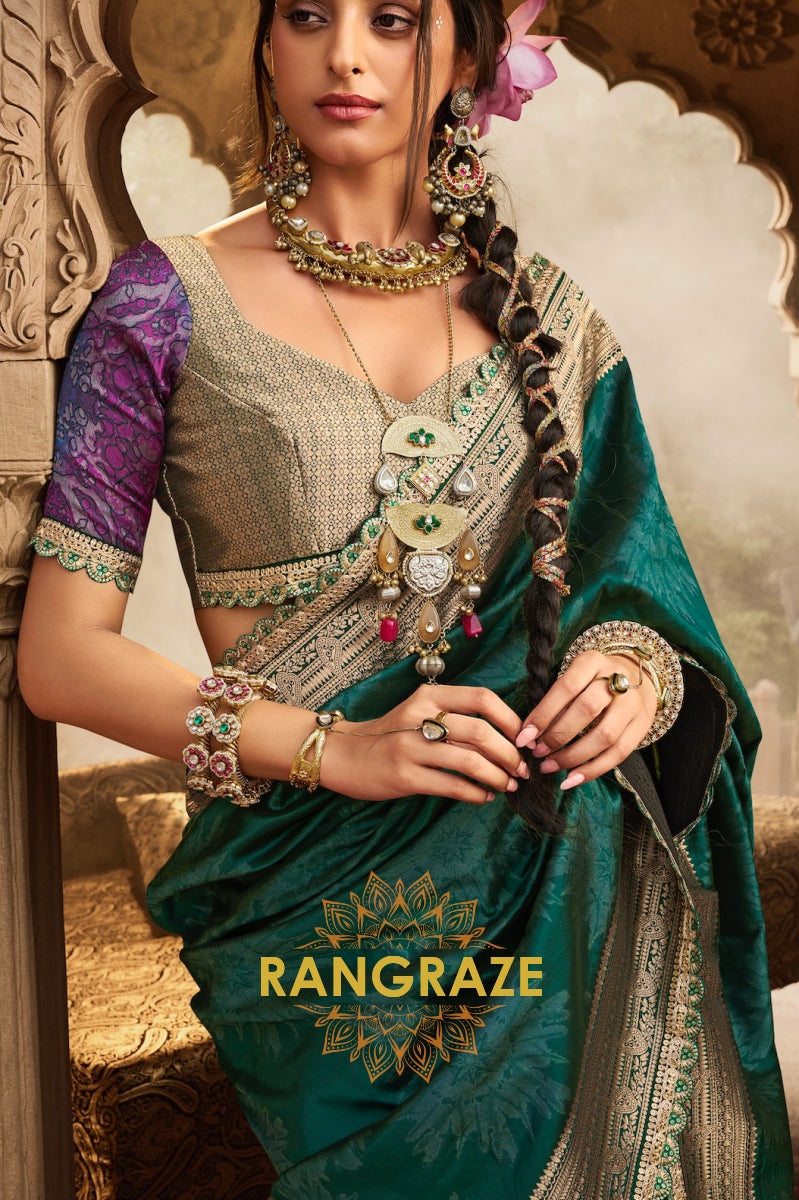 Emerald Green Banarasi Silk Saree with Antique Gold Zari Border and Contrasting Designer Blouse