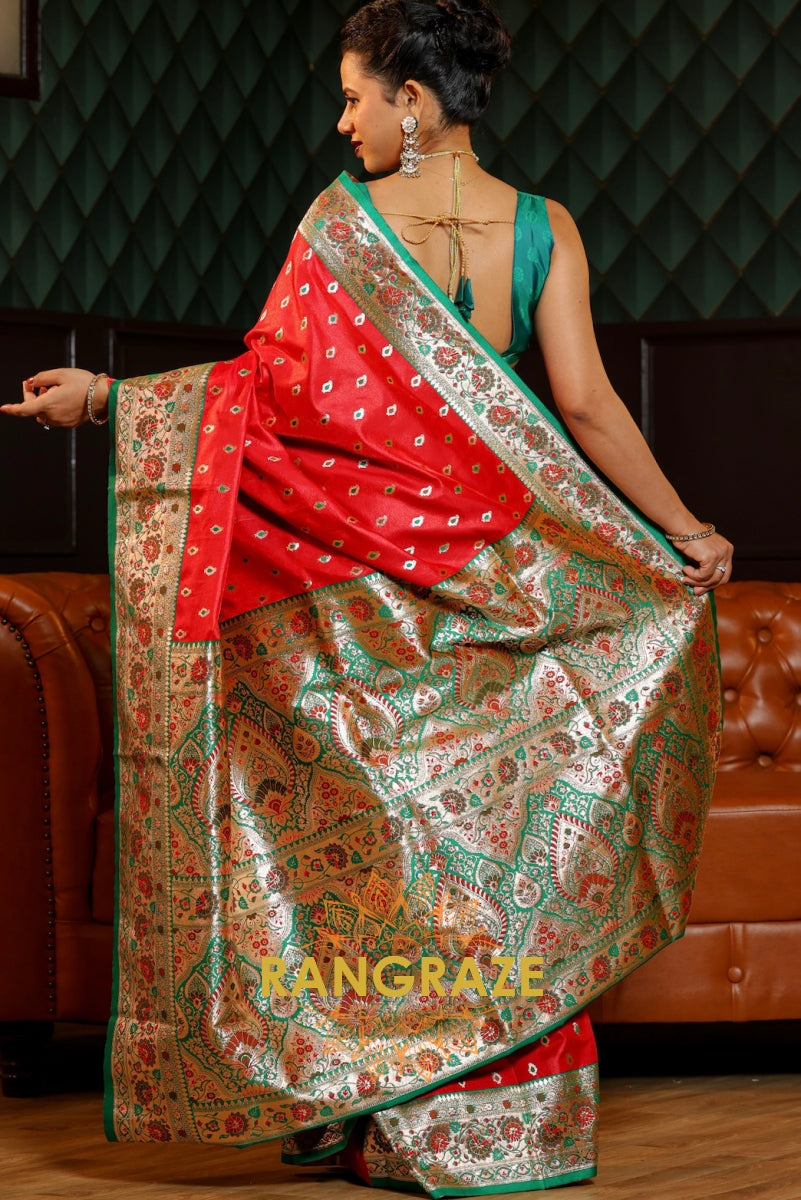 Scarlet Radiance Zari Satin Saree with Emerald Floral Elegance