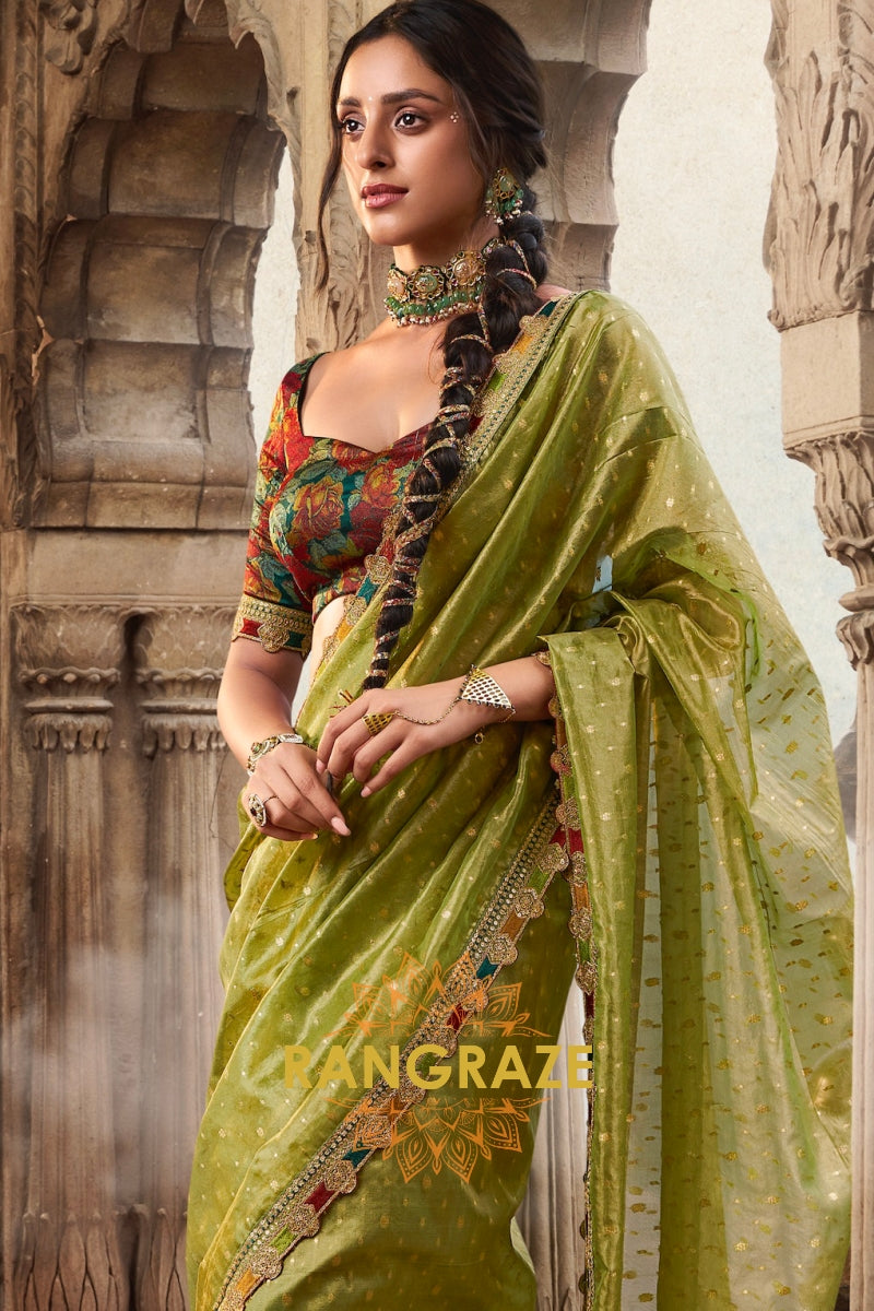 Lime Gold Tissue Saree with Vibrant Floral Blouse
