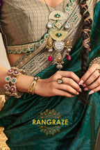 Emerald Green Banarasi Silk Saree with Antique Gold Zari Border and Contrasting Designer Blouse