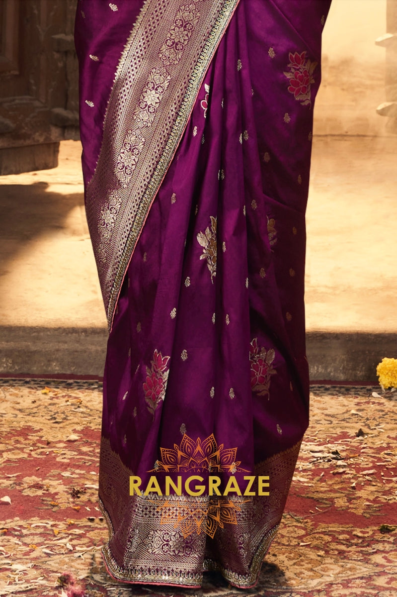 Regal Violet Silk Saree with Intricate Lace Border and Heavy Pallu