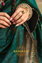 Emerald Green Banarasi Silk Saree with Antique Gold Zari Border and Contrasting Designer Blouse