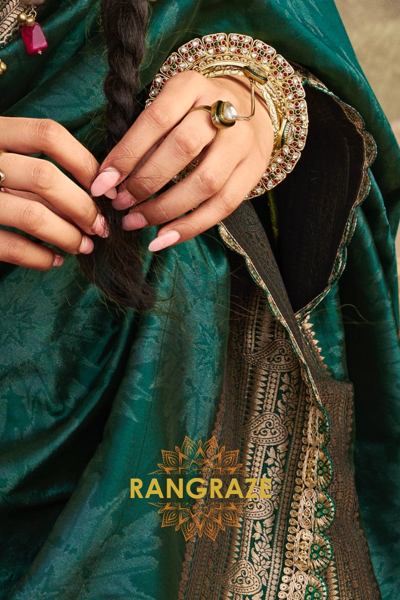 Emerald Green Banarasi Silk Saree with Antique Gold Zari Border and Contrasting Designer Blouse
