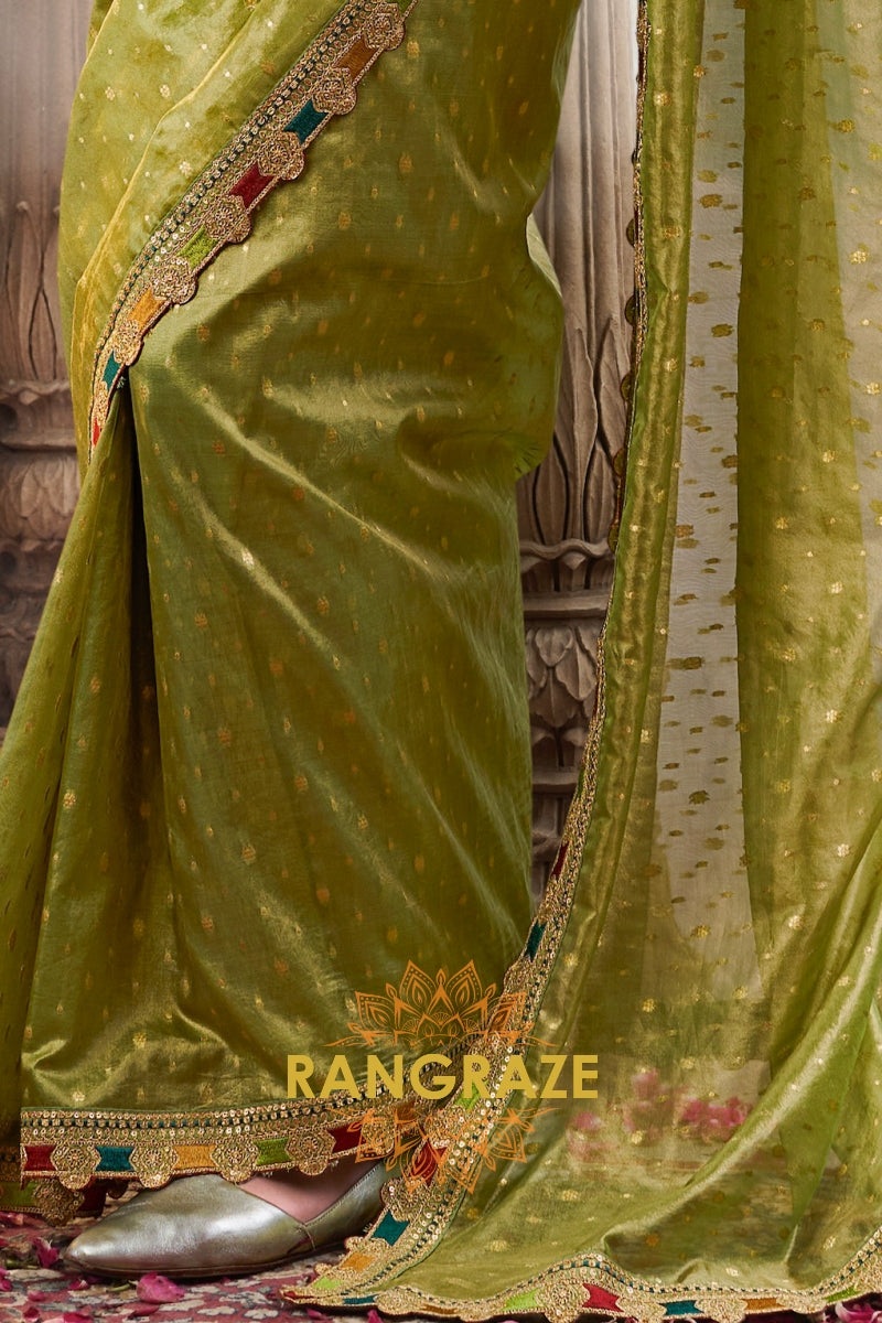 Lime Gold Tissue Saree with Vibrant Floral Blouse