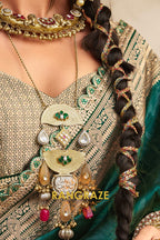 Emerald Green Banarasi Silk Saree with Antique Gold Zari Border and Contrasting Designer Blouse