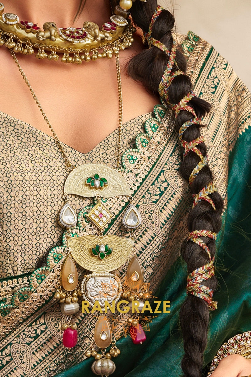 Emerald Green Banarasi Silk Saree with Antique Gold Zari Border and Contrasting Designer Blouse