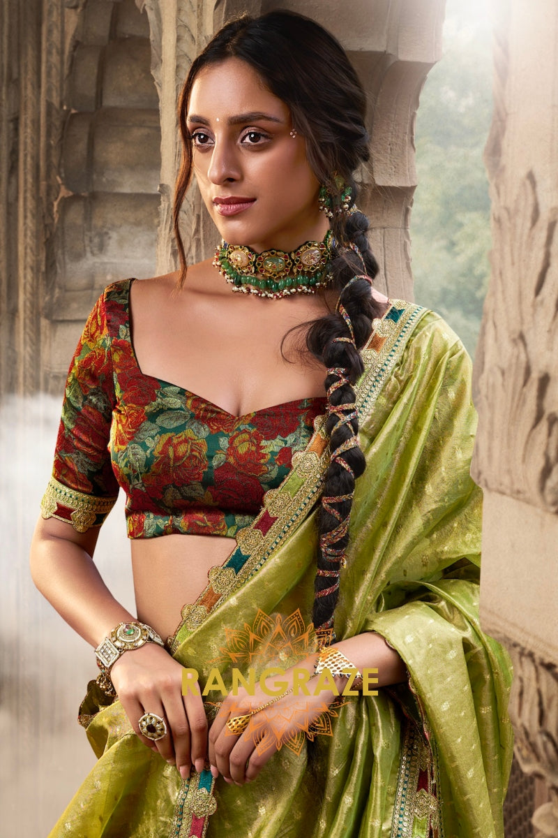 Lime Gold Tissue Saree with Vibrant Floral Blouse