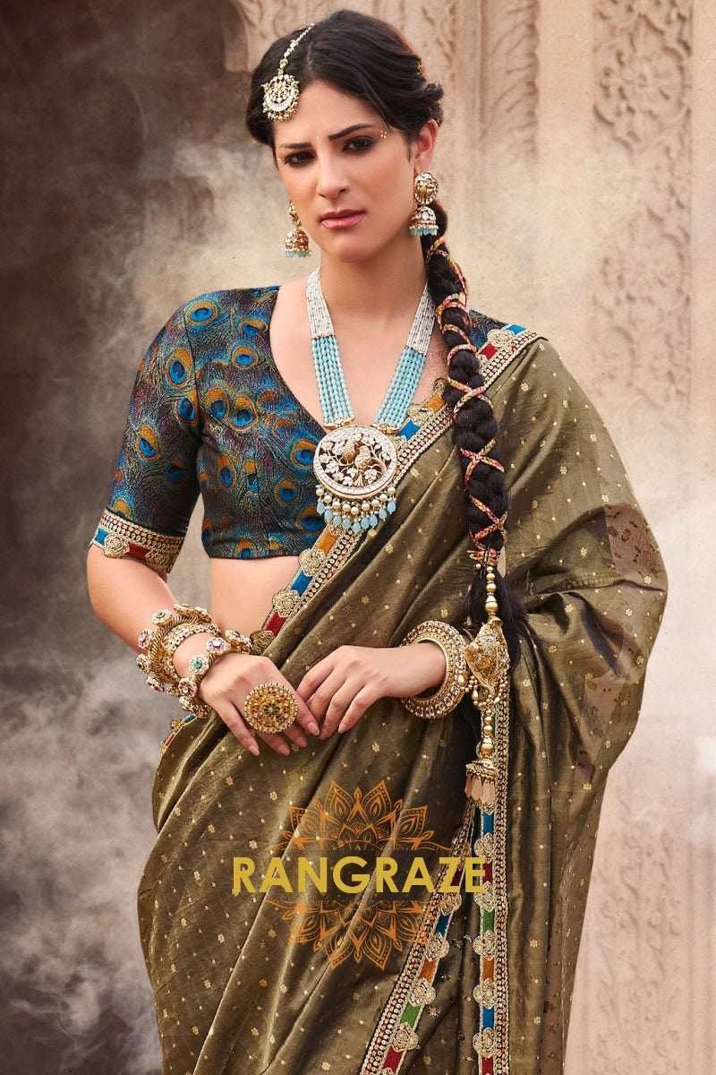 Olive Gold Tissue Saree with Multicolor Lace and Royal Embroidered Blouse