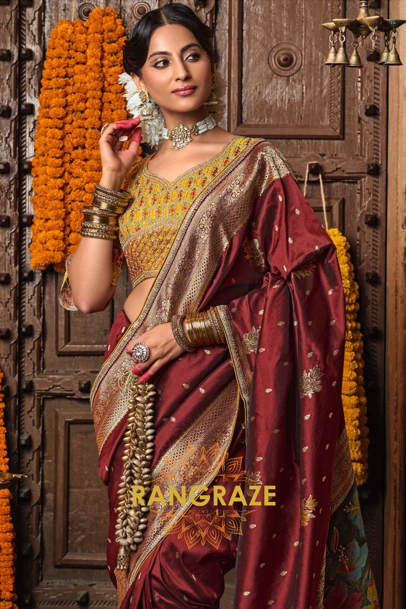 Maroon Banarasi Silk Saree with Embellished Gold Zari Border and Designer Blouse