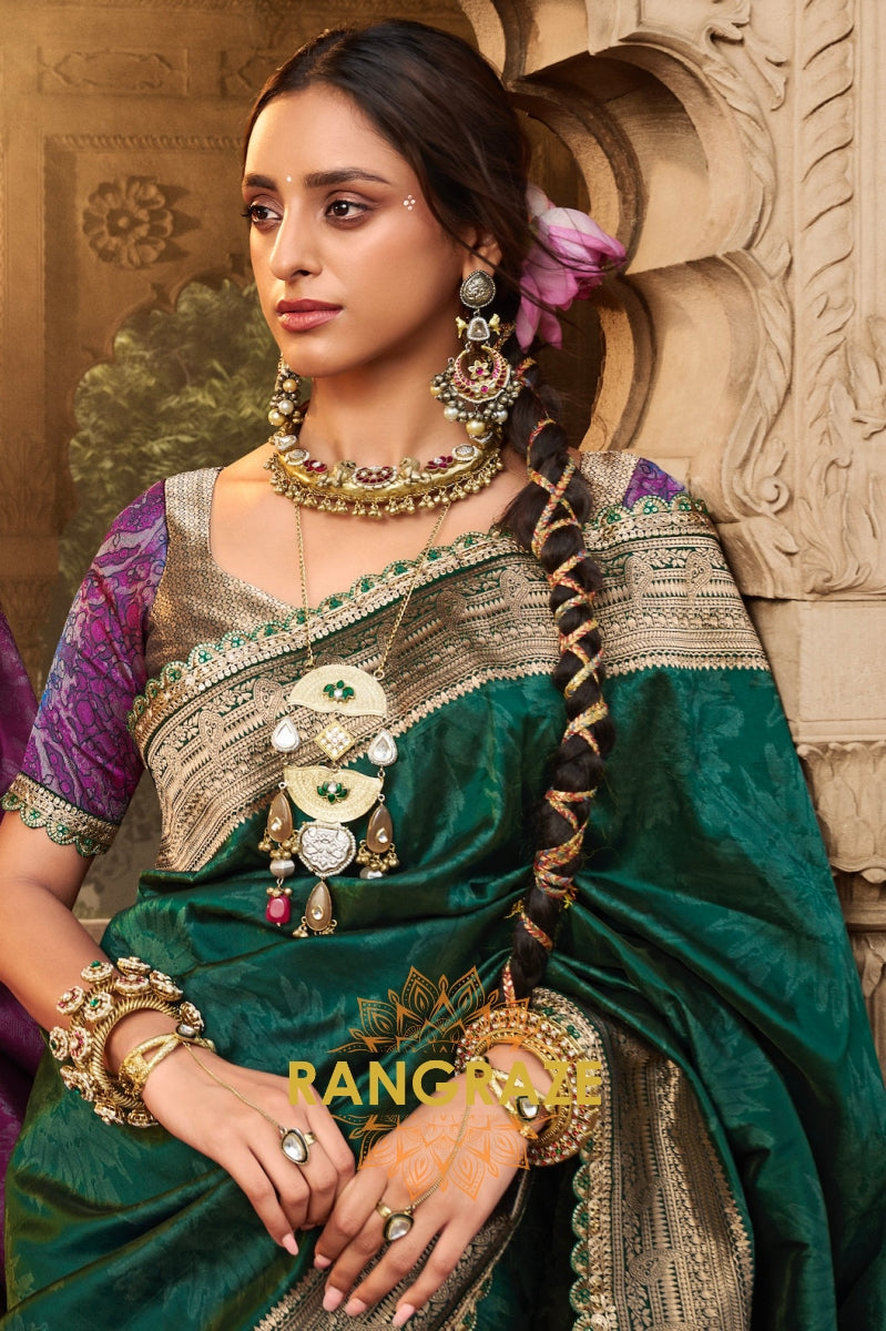 Emerald Green Banarasi Silk Saree with Antique Gold Zari Border and Contrasting Designer Blouse