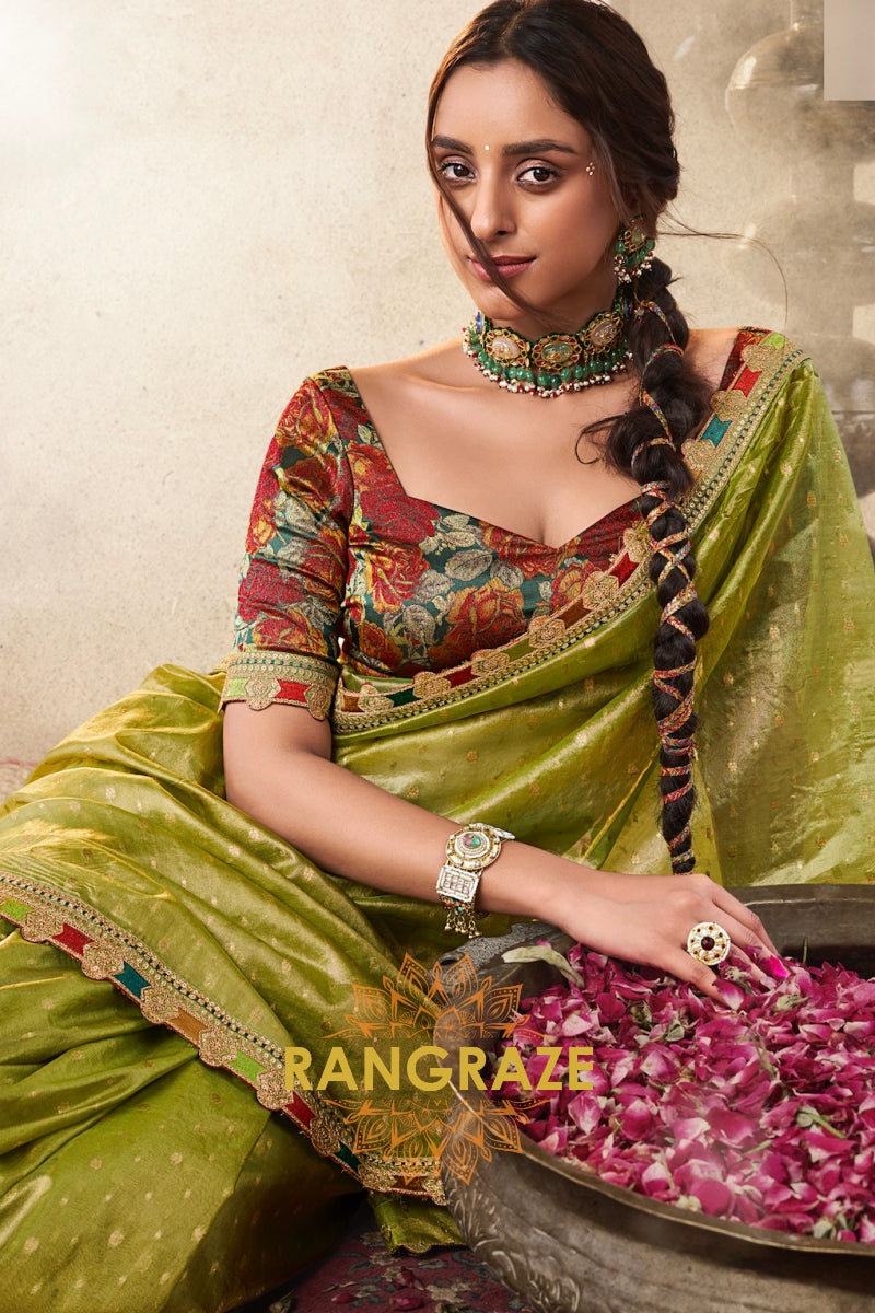 Lime Gold Tissue Saree with Vibrant Floral Blouse