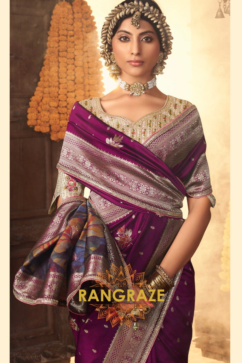 Regal Violet Silk Saree with Intricate Lace Border and Heavy Pallu