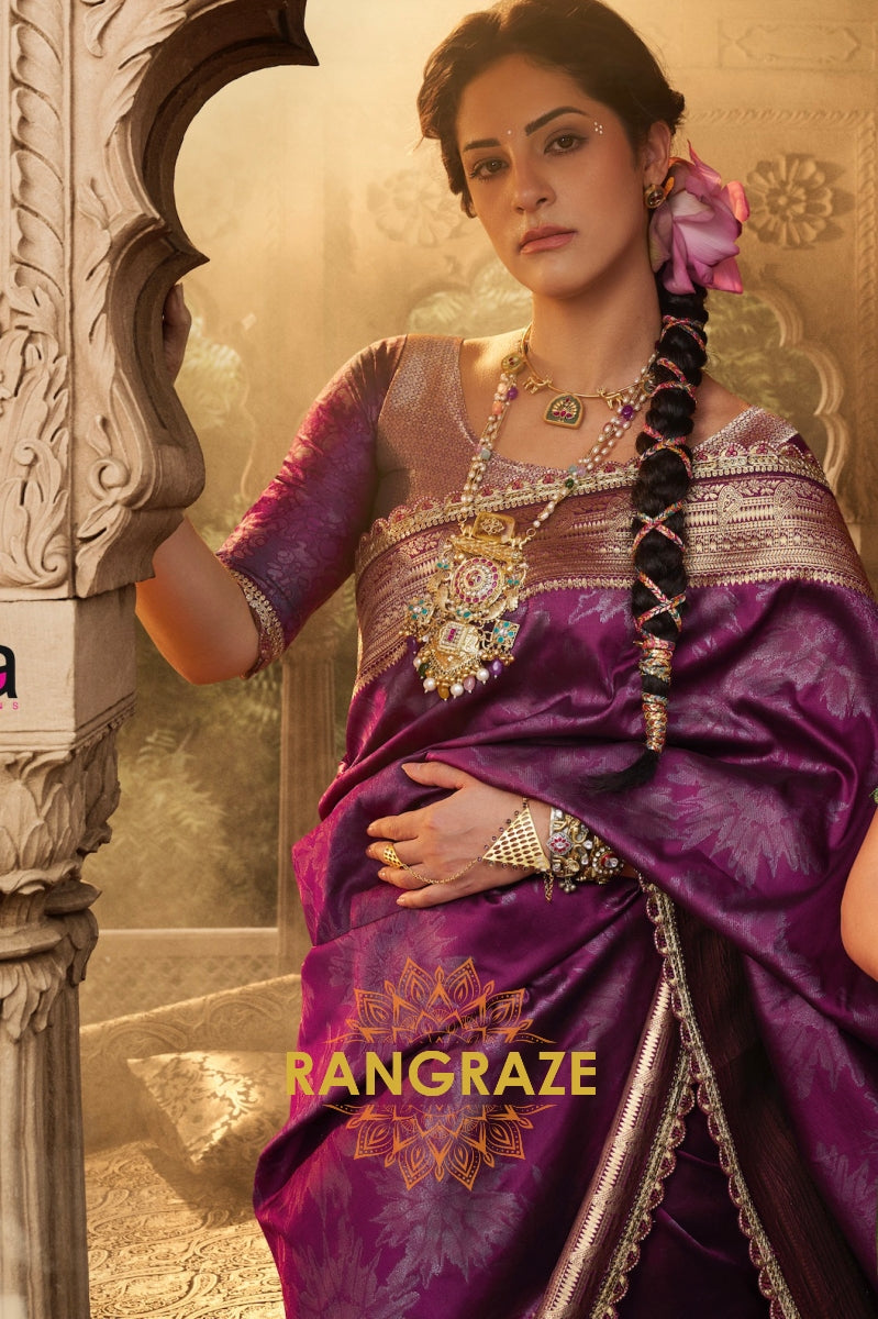 Majestic Plum Banarasi Silk Saree with Ornate Zari Border and Designer Blouse