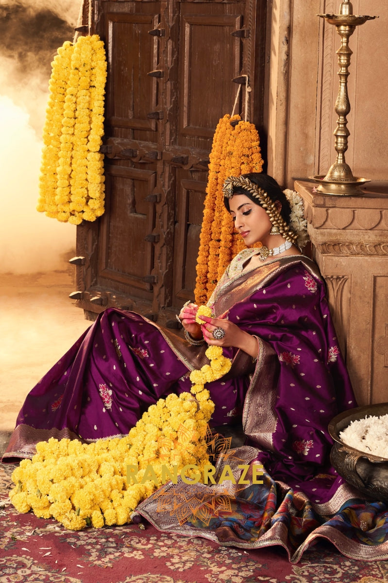 Regal Violet Silk Saree with Intricate Lace Border and Heavy Pallu