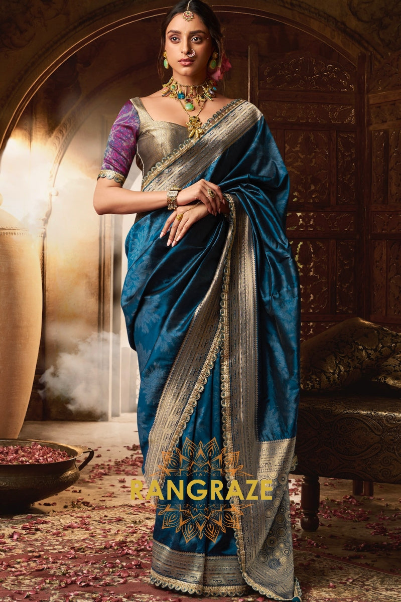 Sapphire Blue Banarasi Silk Saree with Opulent Zari Detailing and Designer Blouse
