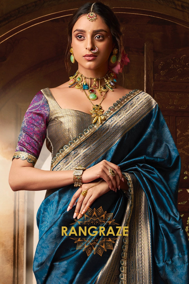 Sapphire Blue Banarasi Silk Saree with Opulent Zari Detailing and Designer Blouse