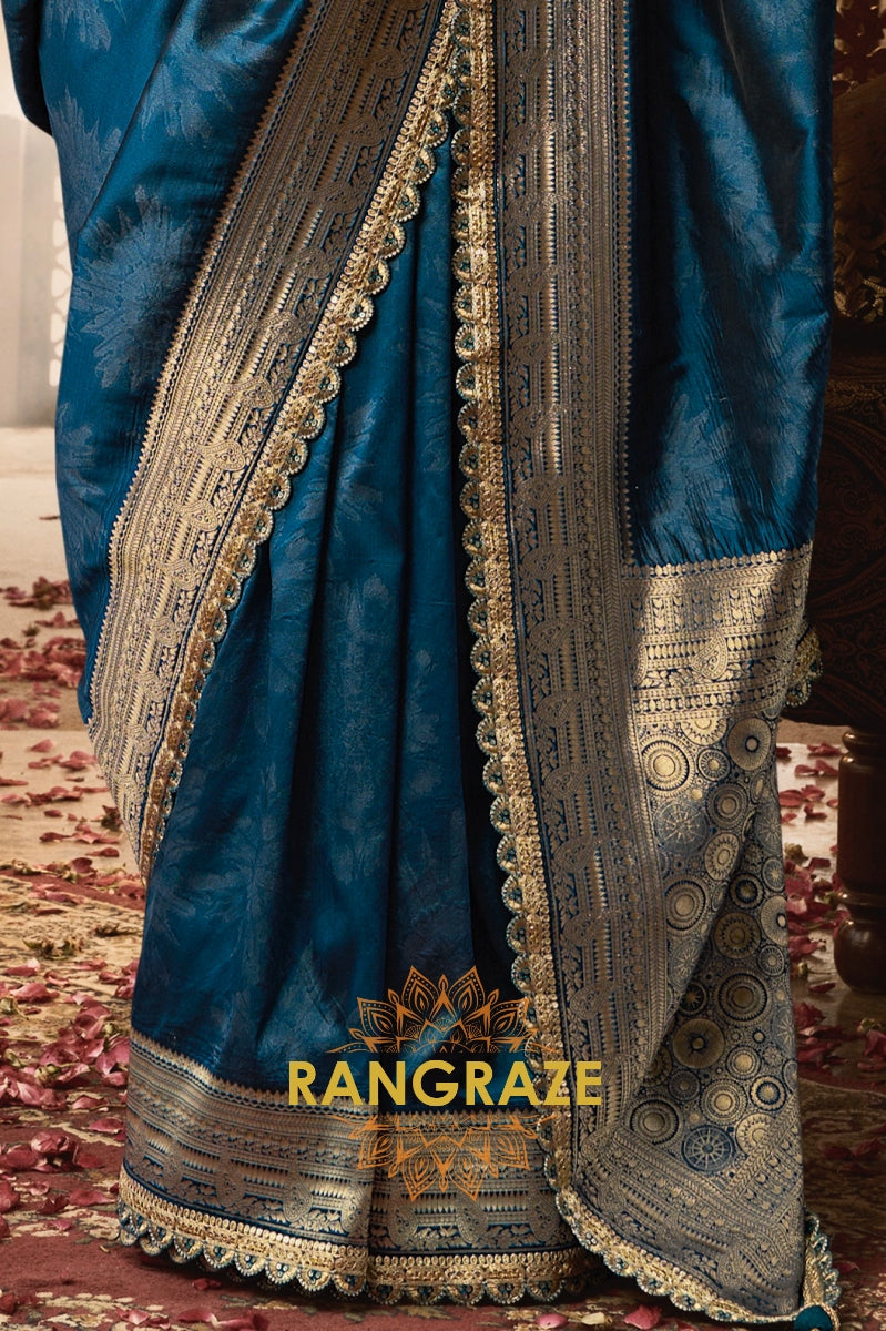 Sapphire Blue Banarasi Silk Saree with Opulent Zari Detailing and Designer Blouse