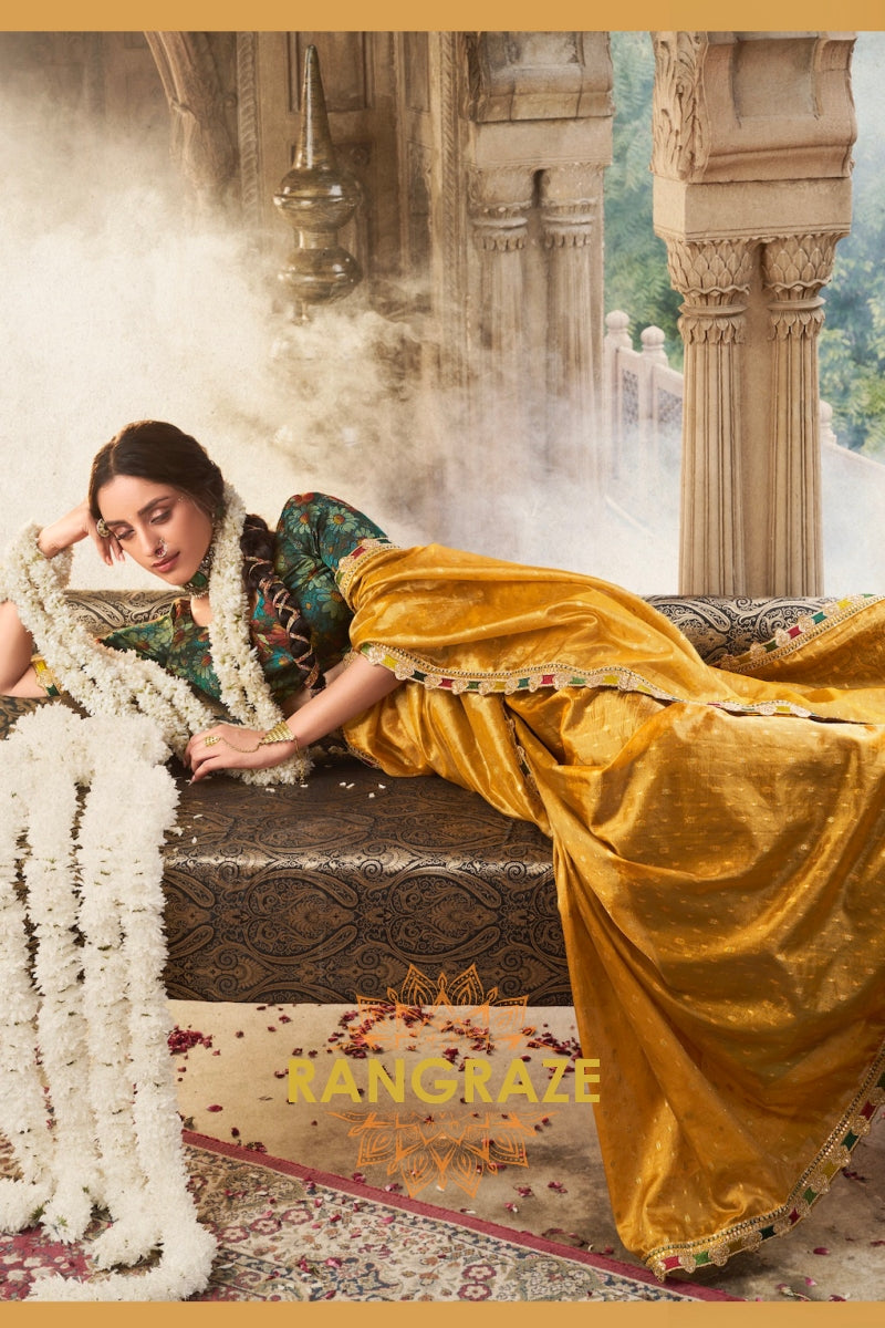 Golden Radiance Tissue Saree with Multicolored Lace and Embroidered Blouse