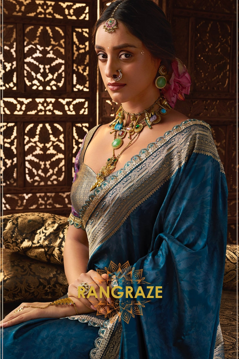 Sapphire Blue Banarasi Silk Saree with Opulent Zari Detailing and Designer Blouse