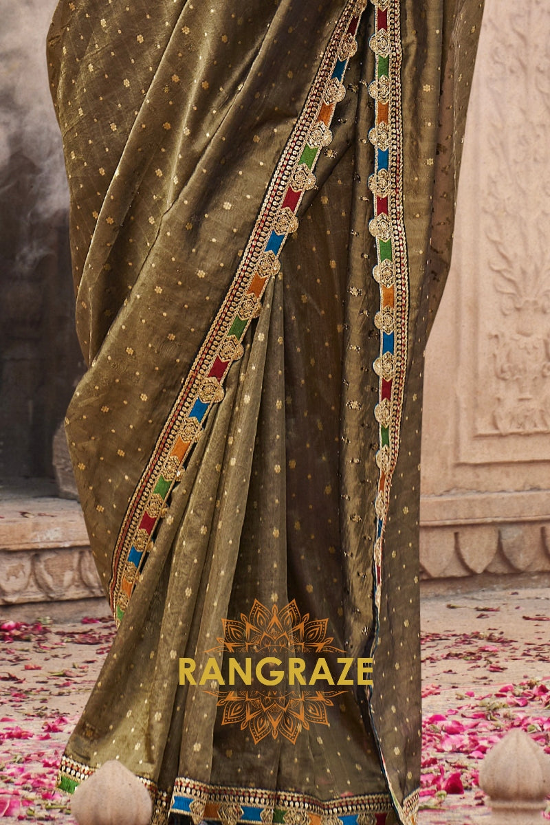 Olive Gold Tissue Saree with Multicolor Lace and Royal Embroidered Blouse