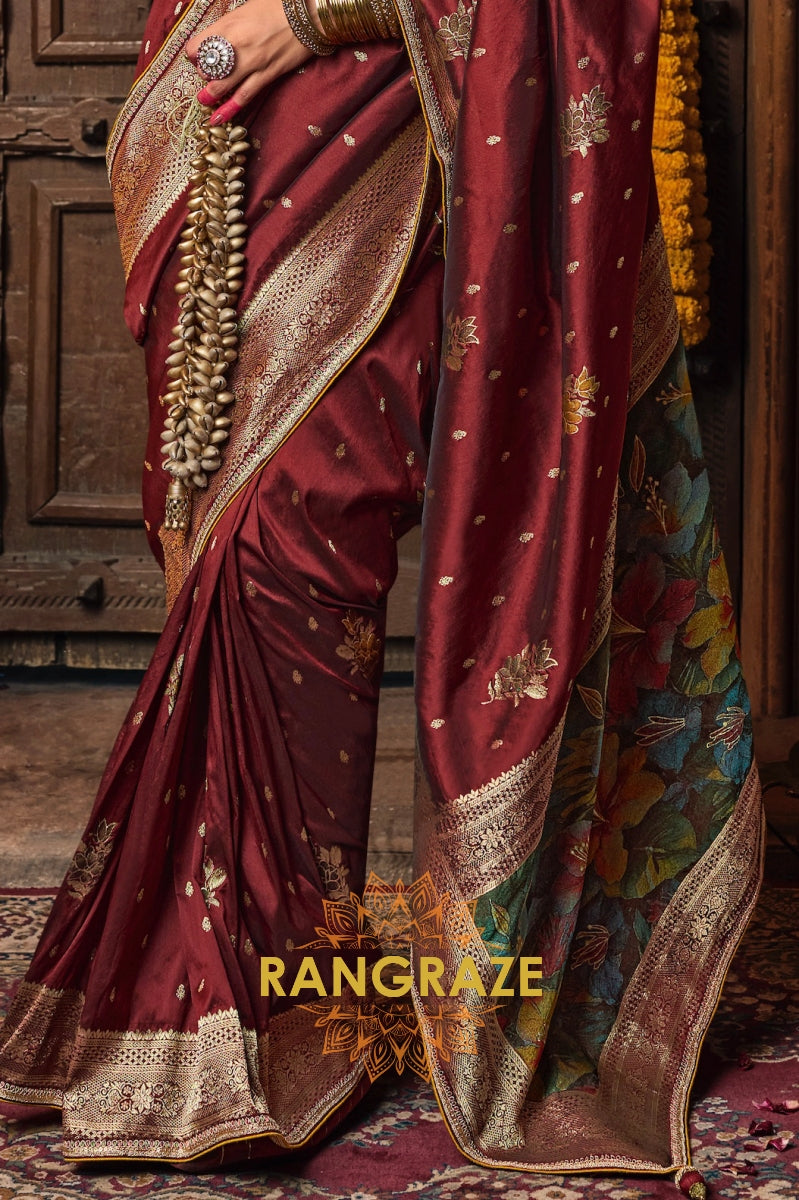 Maroon Banarasi Silk Saree with Embellished Gold Zari Border and Designer Blouse