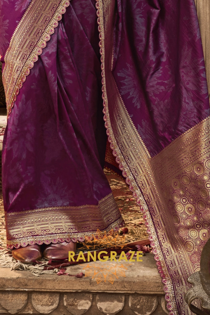 Majestic Plum Banarasi Silk Saree with Ornate Zari Border and Designer Blouse