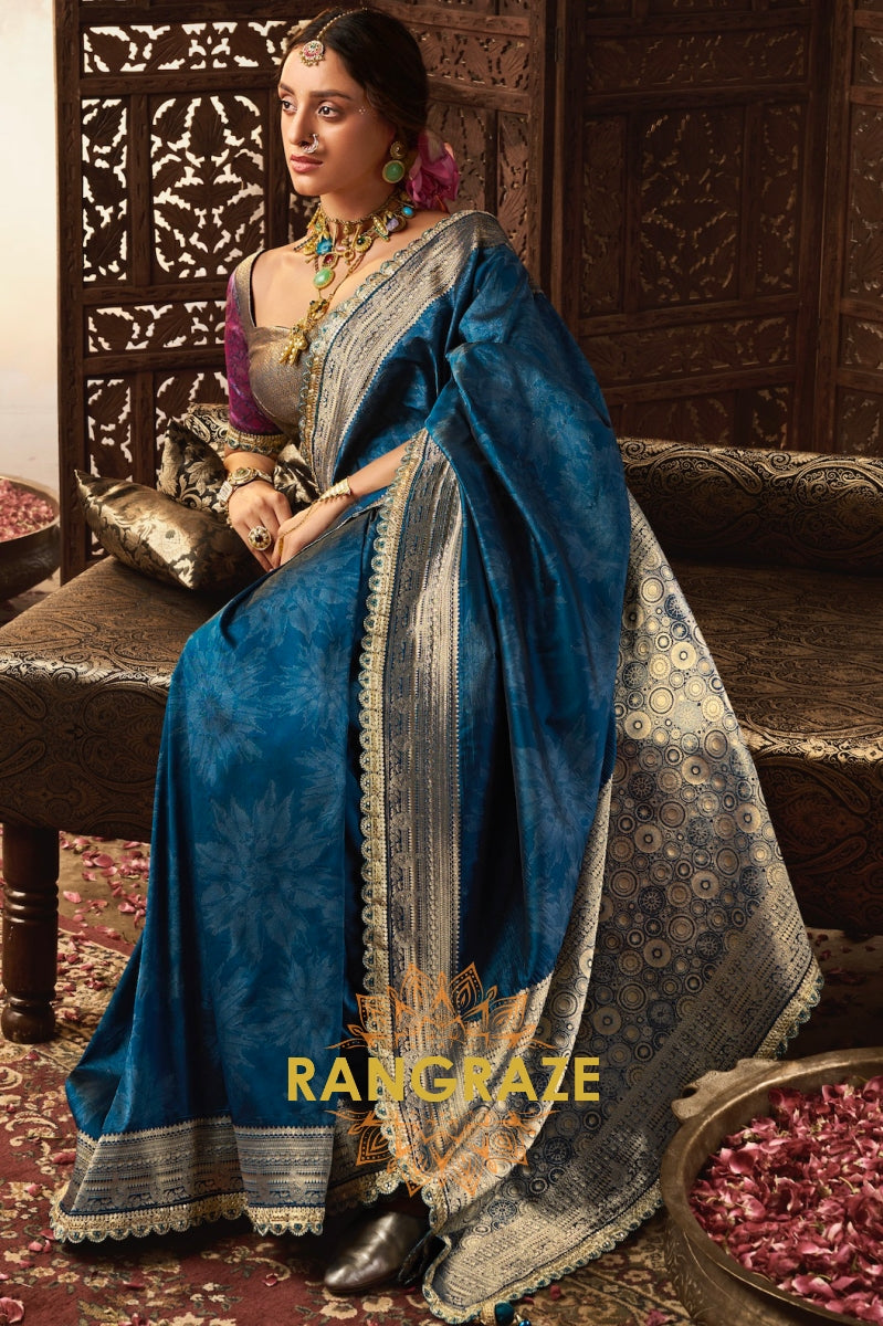 Sapphire Blue Banarasi Silk Saree with Opulent Zari Detailing and Designer Blouse