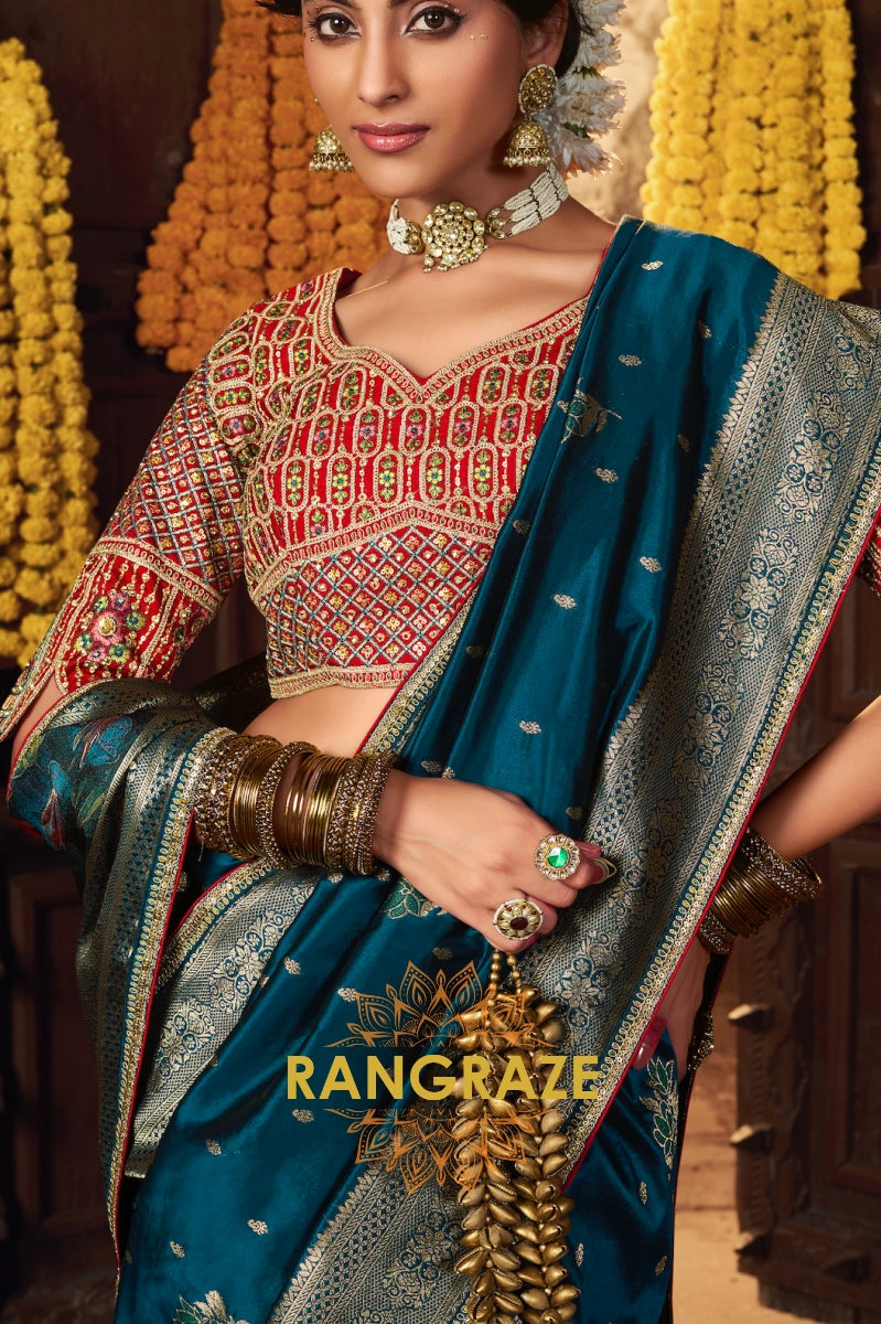 Teal Banarasi Silk Saree with Intricate Silver Zari Embroidery and Rich Designer Blouse