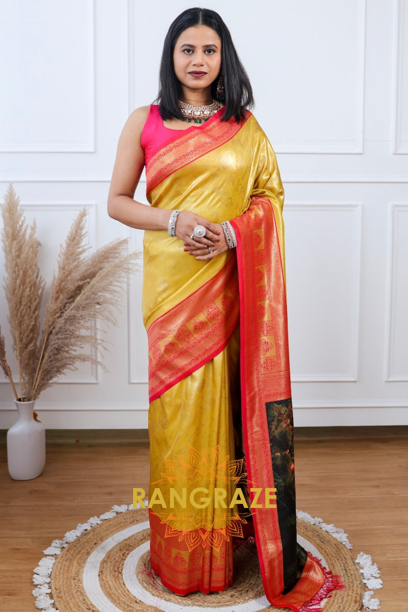 Golden Radiance Tissue Silk Saree with Peacock Pallu