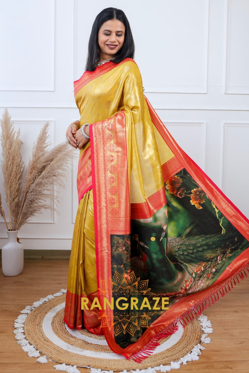 Golden Radiance Tissue Silk Saree with Peacock Pallu