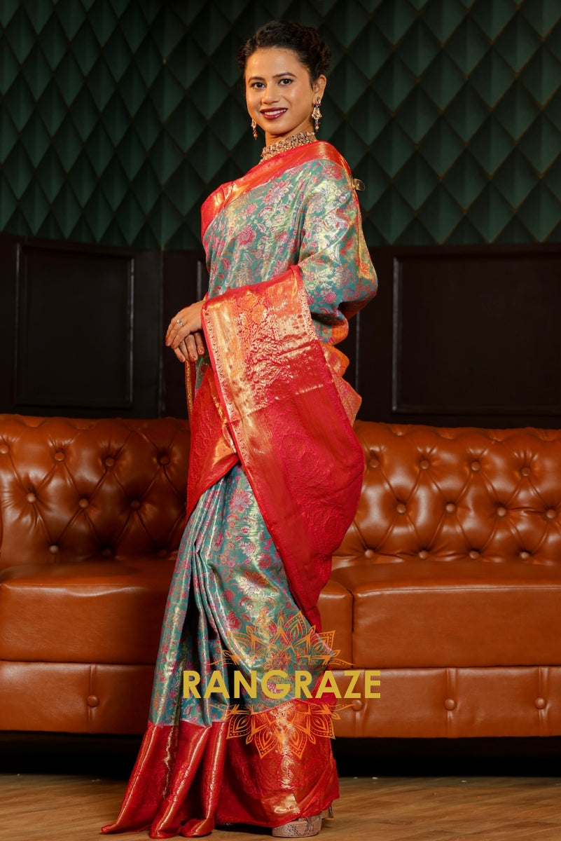 Sky Blue Dharmavaram Saree with Vibrant Red Zari Border