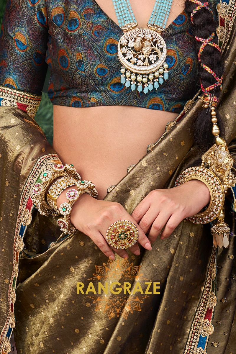 Olive Gold Tissue Saree with Multicolor Lace and Royal Embroidered Blouse