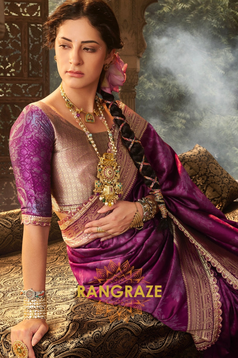 Majestic Plum Banarasi Silk Saree with Ornate Zari Border and Designer Blouse