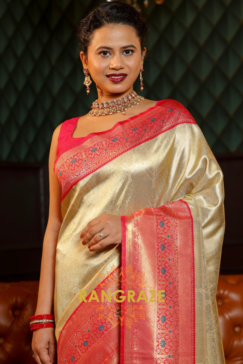 Golden Beige Tissue Dharmavaram Saree with Vibrant Red Zari Border and Floral Embellishments