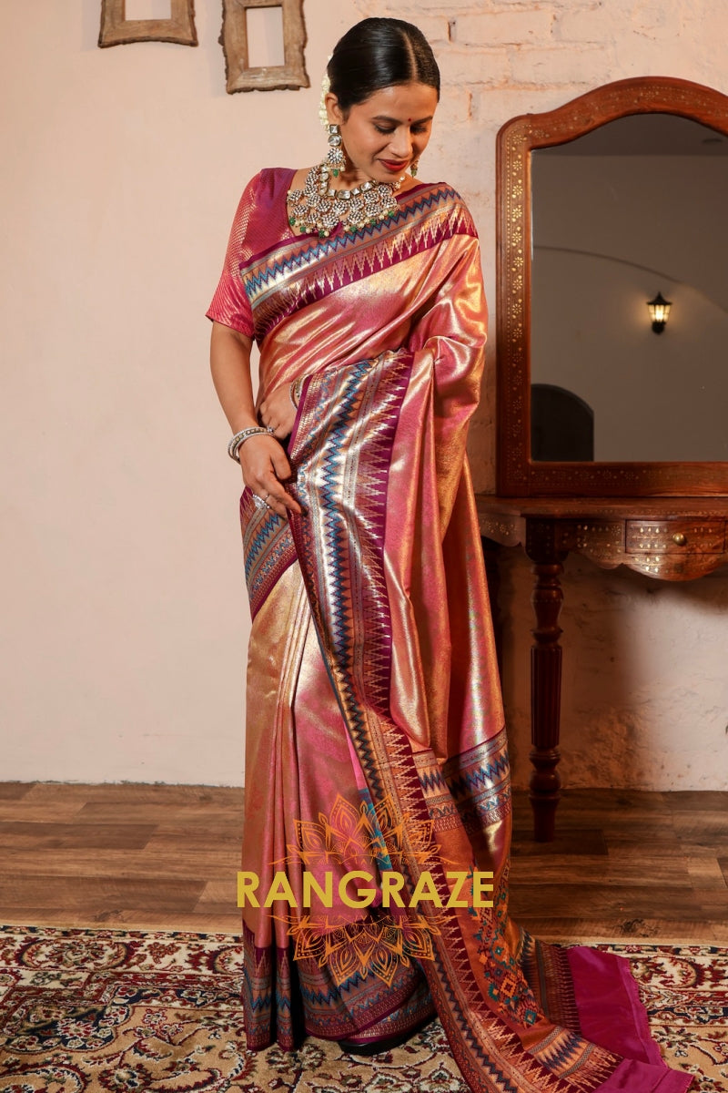 Rose Gleam Tissue Silk Saree with Contrast Zari Border