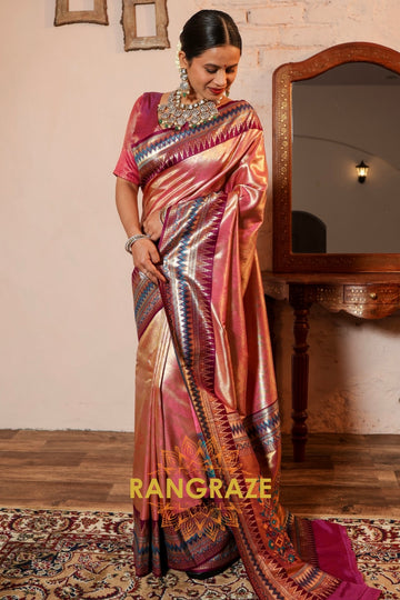 Rose Gleam Tissue Silk Saree with Contrast Zari Border