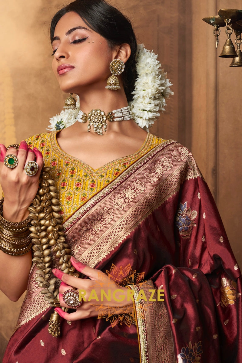 Maroon Banarasi Silk Saree with Embellished Gold Zari Border and Designer Blouse