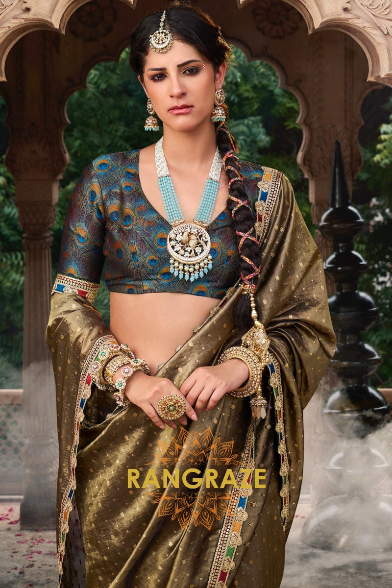 Olive Gold Tissue Saree with Multicolor Lace and Royal Embroidered Blouse