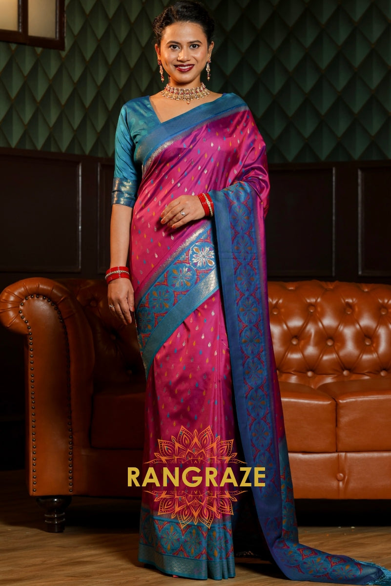 Pink and Blue Pochampally Silk Saree with Intricate Border and Matching Pink Blouse