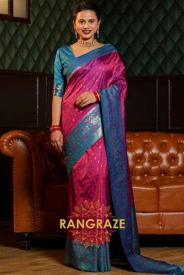 Pink and Blue Pochampally Silk Saree with Intricate Border and Matching Pink Blouse