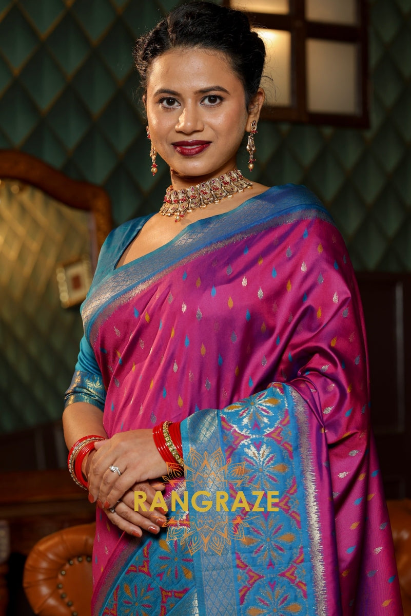 Pink and Blue Pochampally Silk Saree with Intricate Border and Matching Pink Blouse